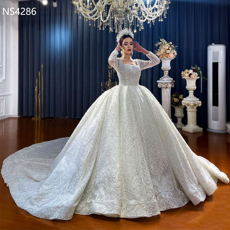 Off White Bridal Wedding Dress Long Sleeve Lace Appliqued