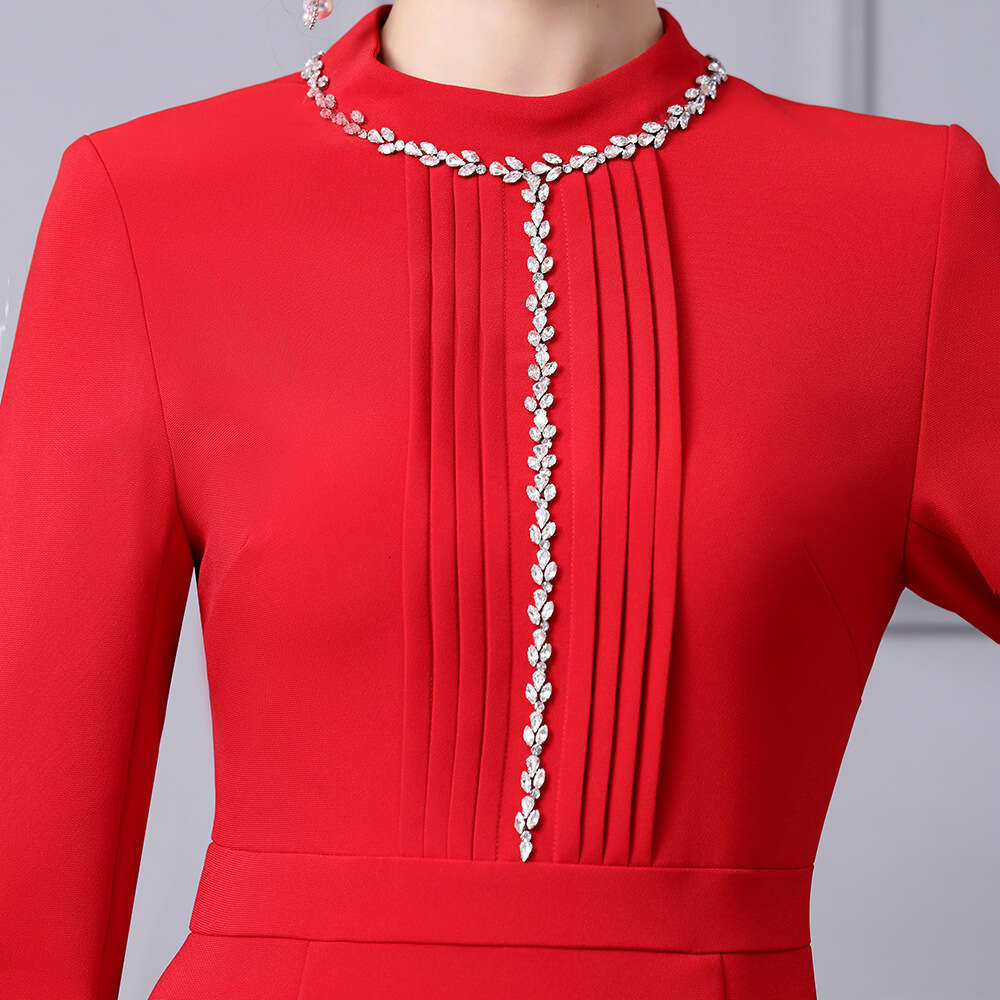 red stand up collar nail bead A-line skirt 2024 new high-end brand long sleeved slim fit dress autumn