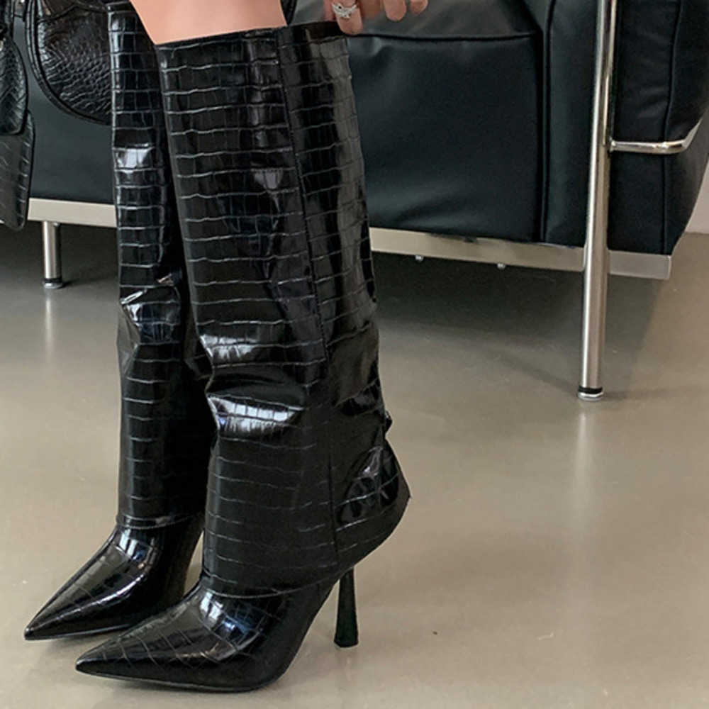 Sharp Pointed Fashion Boots Women Slim High Heel Boot Fashionable Leather Martin Boots Spring Autumn Crocodile Pattern Knee High Heels Knight Boots 24