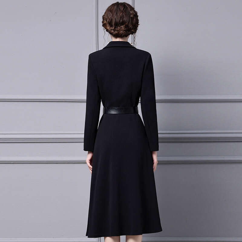 black dress for spring and autumn women 2024 new style suit collar mid length long sleeved waist cinching slimming A-line skirt