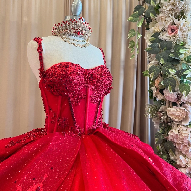 Red Shiny Princess Quinceanera Dresses Lace Appliques Beads Tull Ball Gown Birthday Party Gowns Lace-Up Sweet 16 Dress Vestidos De 15 Anos