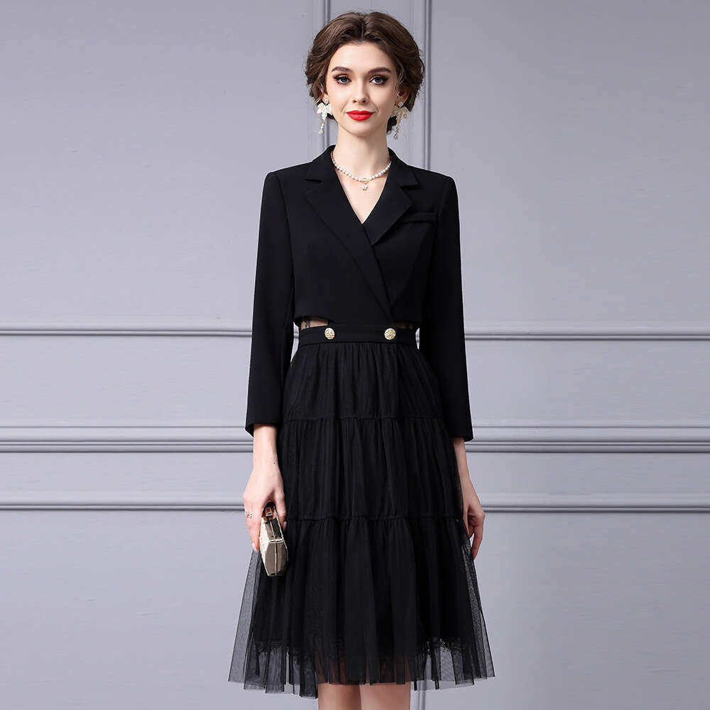 Mesh Splicing Suit Skirt 2024 New Black High Grade Waist Dress with Large Swing Elegant Goddess Style