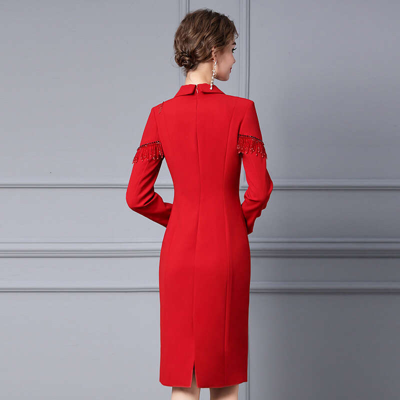 Red Dress Autumn 2024 New Style Suit Collar Handmade Nail Bead Formal Occasion Long Sleeve Hip Wrapping Skirt