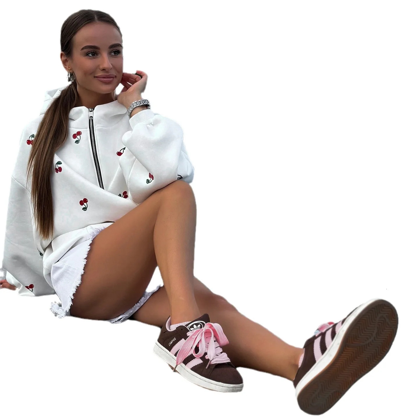 Cherry Print Hoodie Zipper Sweater Jacket Autumn Street Fashion Trend Casual Womens 241007