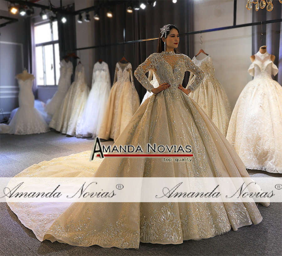 Amanda Novias Brand Gold Dress Real Work High Quality Dubai Wedding Dresses Not With Veil
