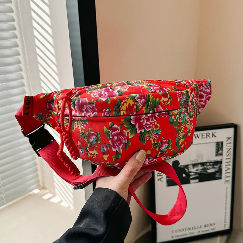 Chinese style Northeast big flower retro cross body bag womens fashionable chest bag floral pattern sports and leisure Fanny bag 241008