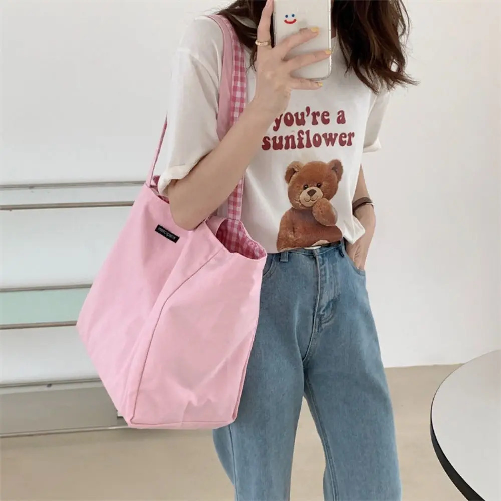 Korean style plain double-sided canvas bag office work handbag shoulder bag solid color vacation handbag large capacity womens handbag 241008