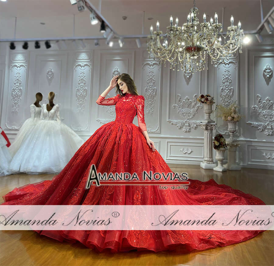 Amanda Novias Red Lace Beads Long Train Wedding Dress