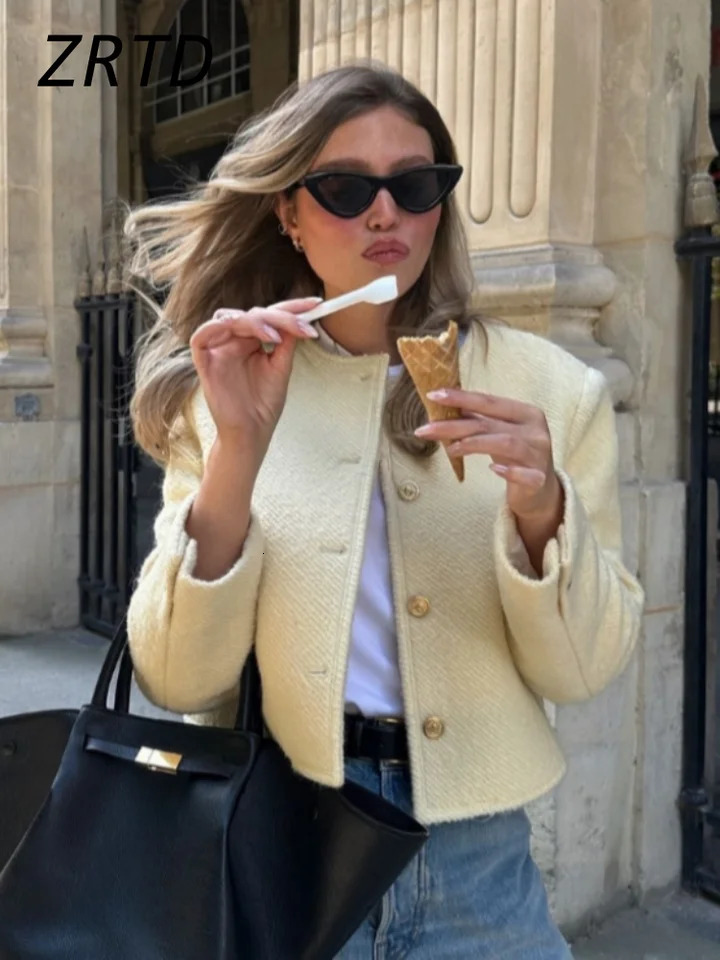 Elegant wool coarse woolen coat for women loose O-neck single chest long sleeved short sleeved coat autumn womens office high street coat 240930