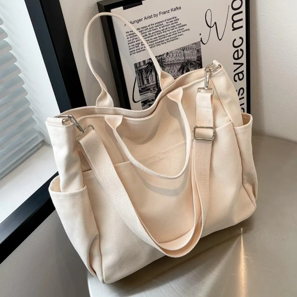 Ins Lazy Wind Canvas Large Bag Korean Version Single Shoulder Horizontal Bag Womens Simple Literature Solid Color Handbag 241008