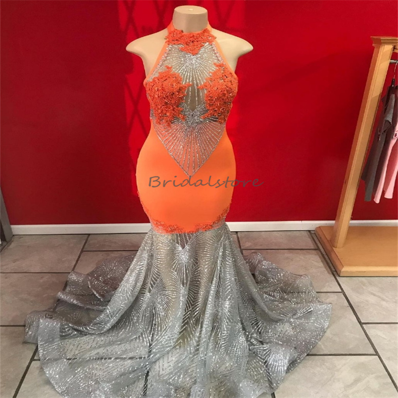 Stunning Orange And Silver Prom Dresses For Black Women Glitter Sequin Mermaid African Evening Dress Appliques Lace Formal Occasion Pageant Dress Vest