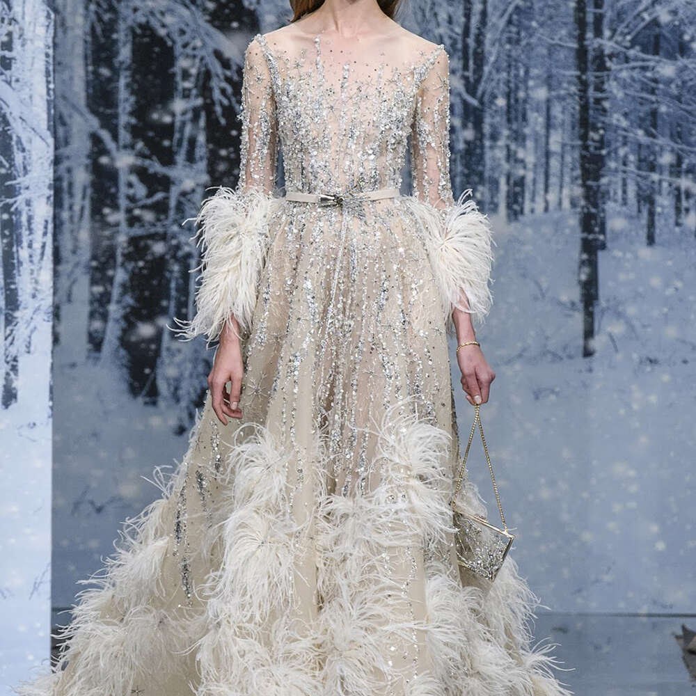 Fashion Sequined Tassel Evening Party Elegant O-Neck Long Sleeves Beading A-e Gowns Sweep Train Prom Dress