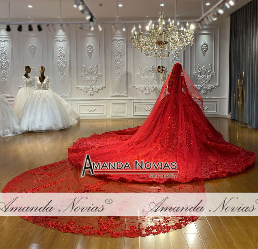 Amanda Novias Red Lace Beads Long Train Wedding Dress