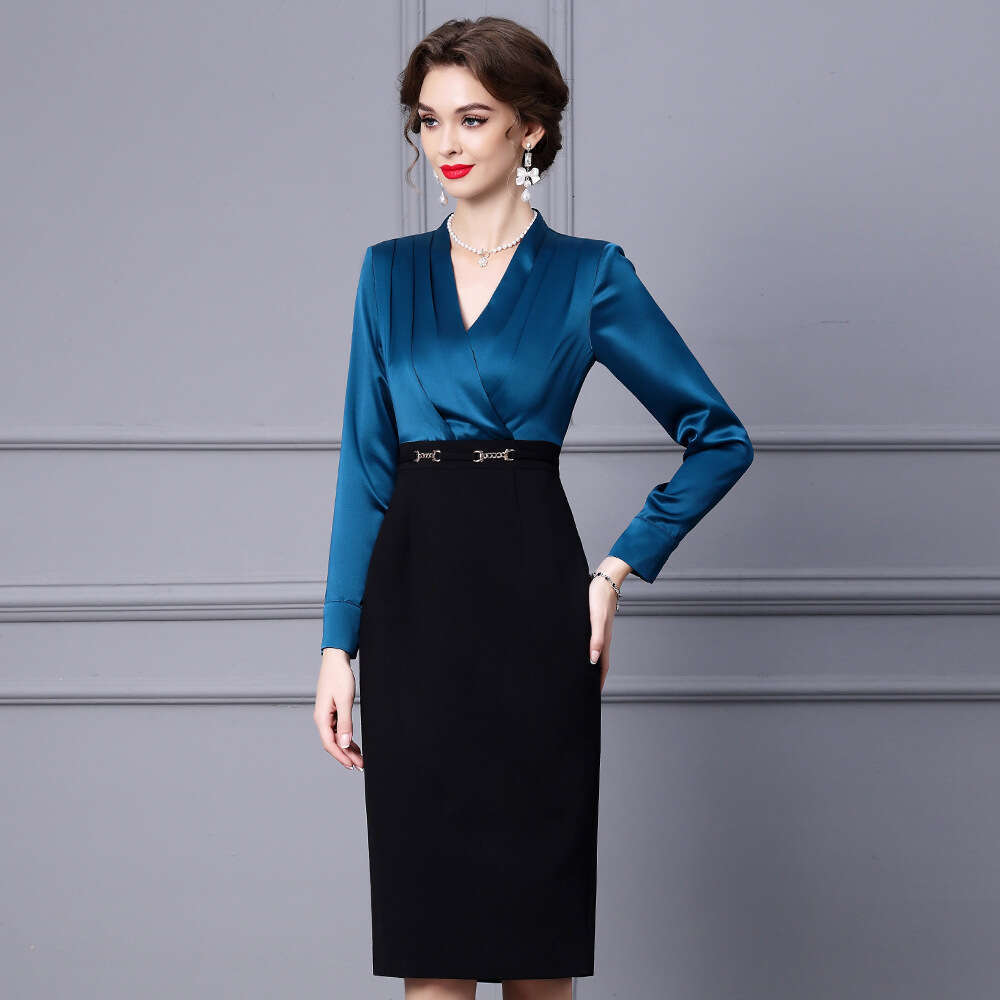 Smart and luxurious commuting style hip hugging dress 2024 new autumn slimming long sleeved patchwork workplace vacation two pieces