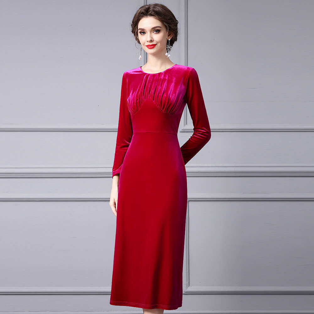 Light Luxury Velvet 2024 Autumn New High Waist Slim Long Sleeve Noble Wide Lady Dress