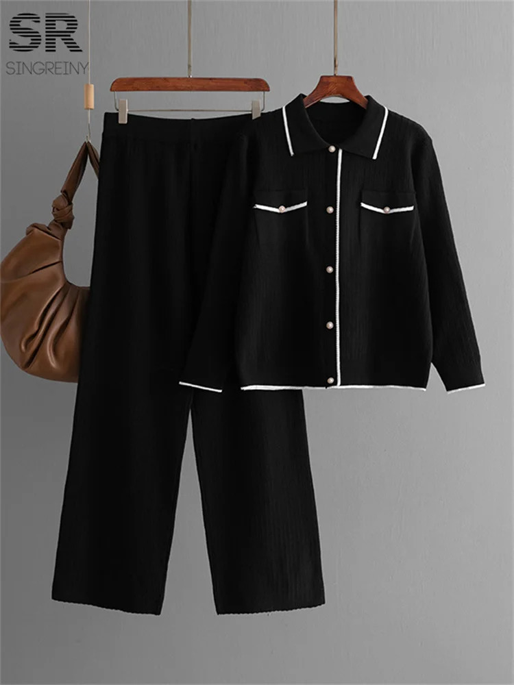 SINGREENY French style Knitted 2-piece Womens Pocket Single Chest Polo Neck TopPants Fashion 2-piece Set 241010