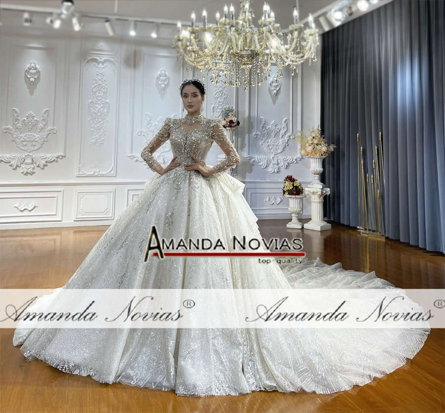 Long Sleeves Lace Bridal Dress Glitter Fabric