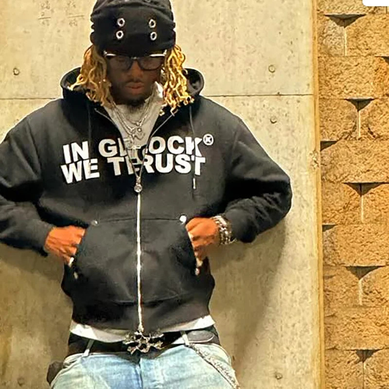 Y2k Harajuku printed jacket mens jacket zipper hooded sweater oversized long sleeved zipper top casual hooded sweater 241011