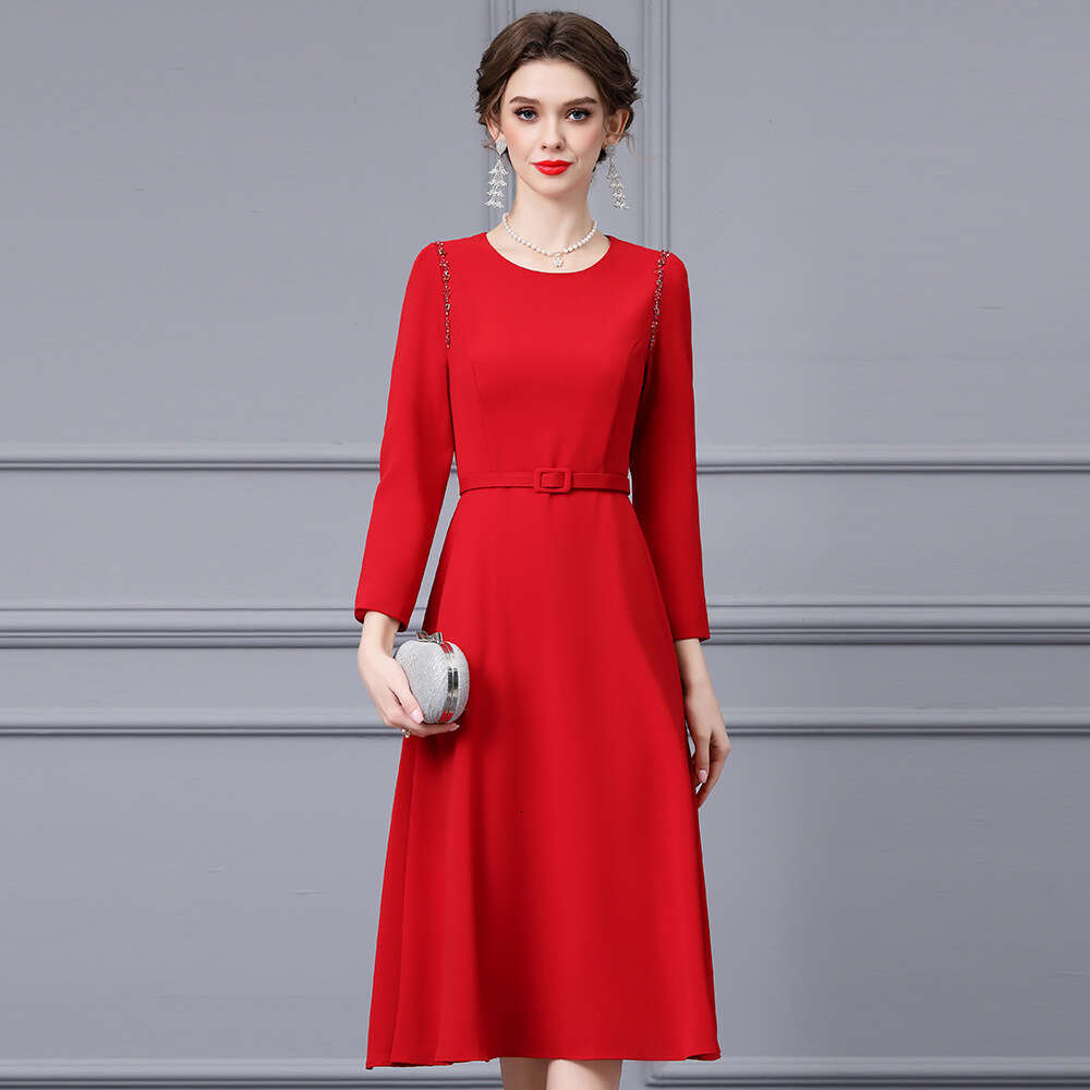 Smart and noble light luxury temperament red diamond studded belt waist cinching long sleeved A-line big swing dress 2024 autumn new item