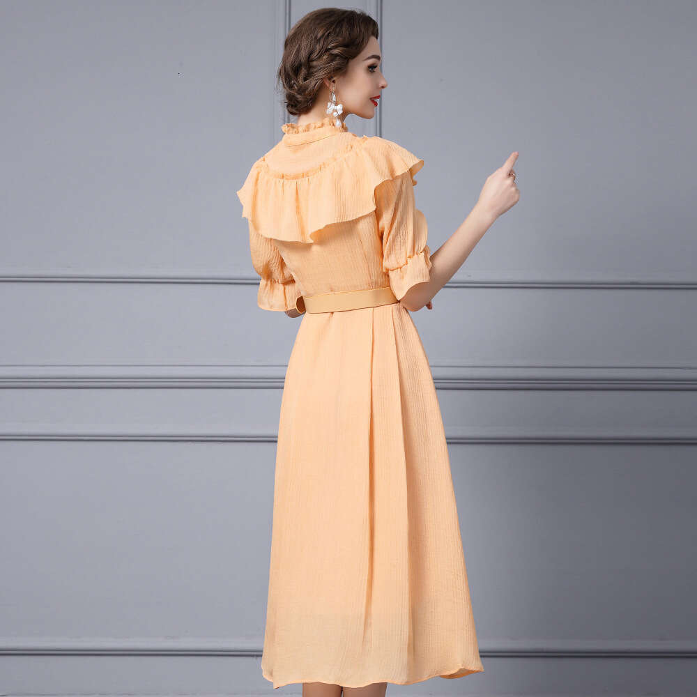 Ear Edge Stand up Collar Dress Autumn 2024 New Style High Grade Temperament Bundle Belt Long Skirt