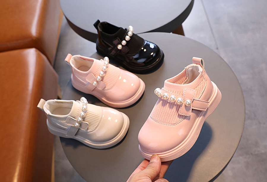 Children's Girl Baby Leather Shoes Pearl Beaded Fashion Princess Round Toe Heightening Cutefeet Casual Comfortable Student Shoes Sizes 21-30