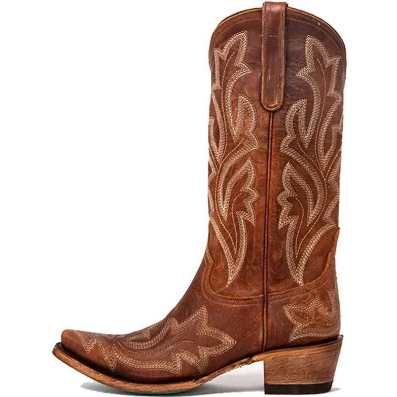 Boots Autumn and Winter Knee High Boots 2023 Large 43 Womens Comfortable Walking Womens Western Cowboy Embroidered Shoes H240621