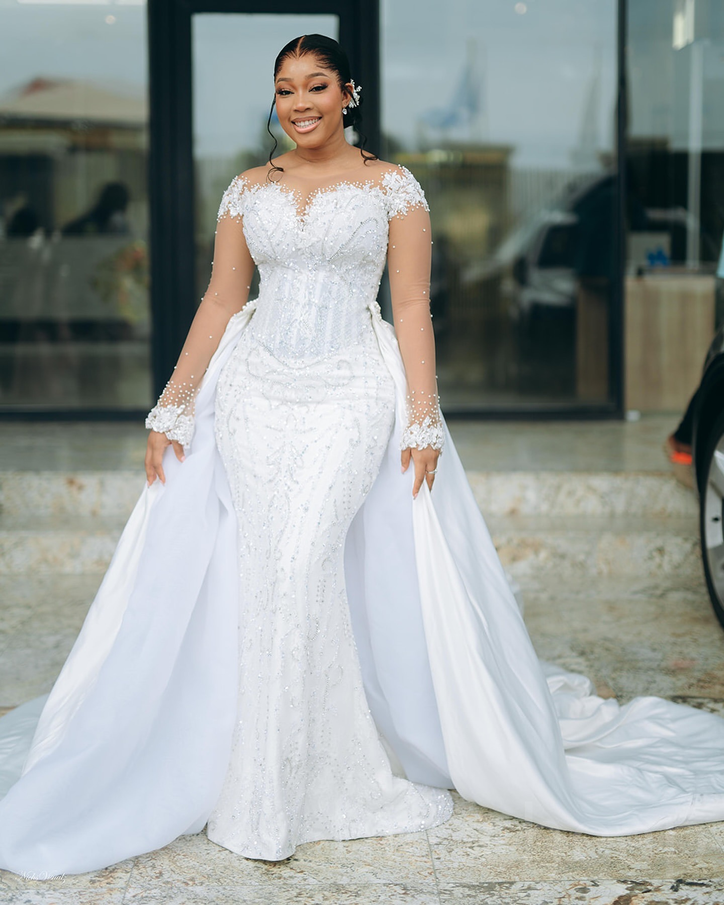 Aso 2024 Arabic Ebi Plus Size Off White Mermaid Wedding Dresses Laceful Beaded Detachable Train Full Sleeves Vintage Elegant Bridal Gowns Dress