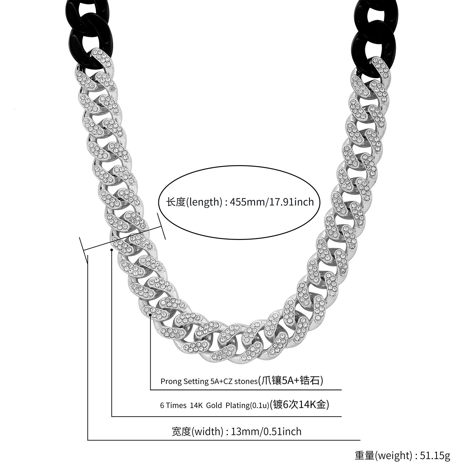 Hip Hop 2 Tone Iced Out Cuban Link Chain Black Acrylic Splicing Necklace Mens Personalized Versatile Miami Curb Chains Jewelry Accessories Sweater Cha