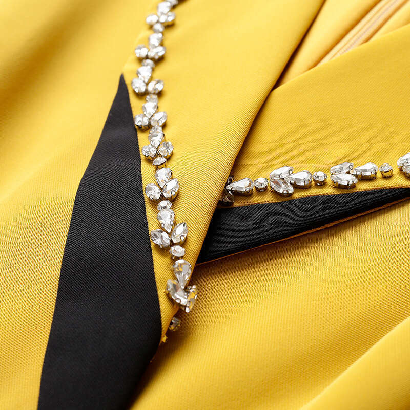 high-end summer dress suit collar nail diamond yellow waist slimming mid length fish tail skirt 2024 new style