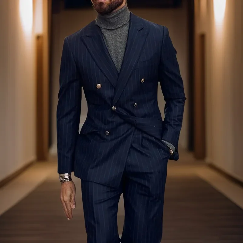 Stripe Men Suits Formal For Wedding Groom Tuxedo Double Breasted Business Slim Fit Fashion Costume (Jacket+Pants) 2024
