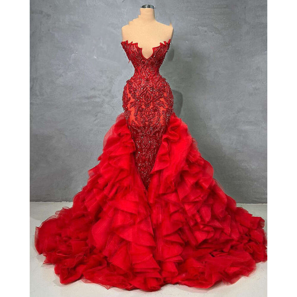 Red Mermaid Evening V Neck Sleeveless Sequins Beaded 3D Lace Train Folds Appliques Dias Pearls Prom Dresses Gowns