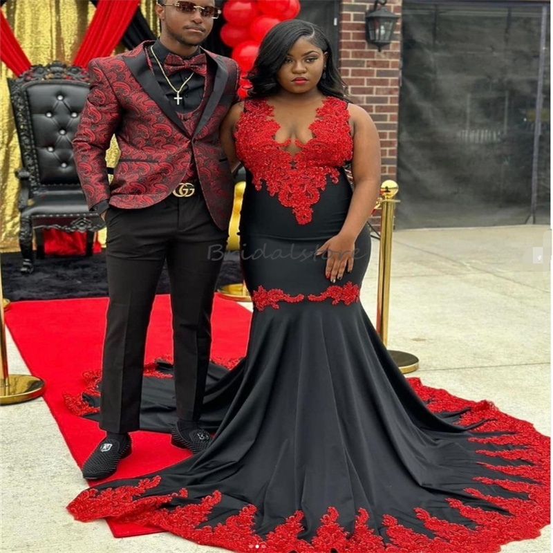 Amazing Black And Red Prom Dresses For Black Girls O Neck Plus Size Lace Mermaid Evening Dress Elegant Aso Ebie Unique Birthday Maxi Party Gown robe d