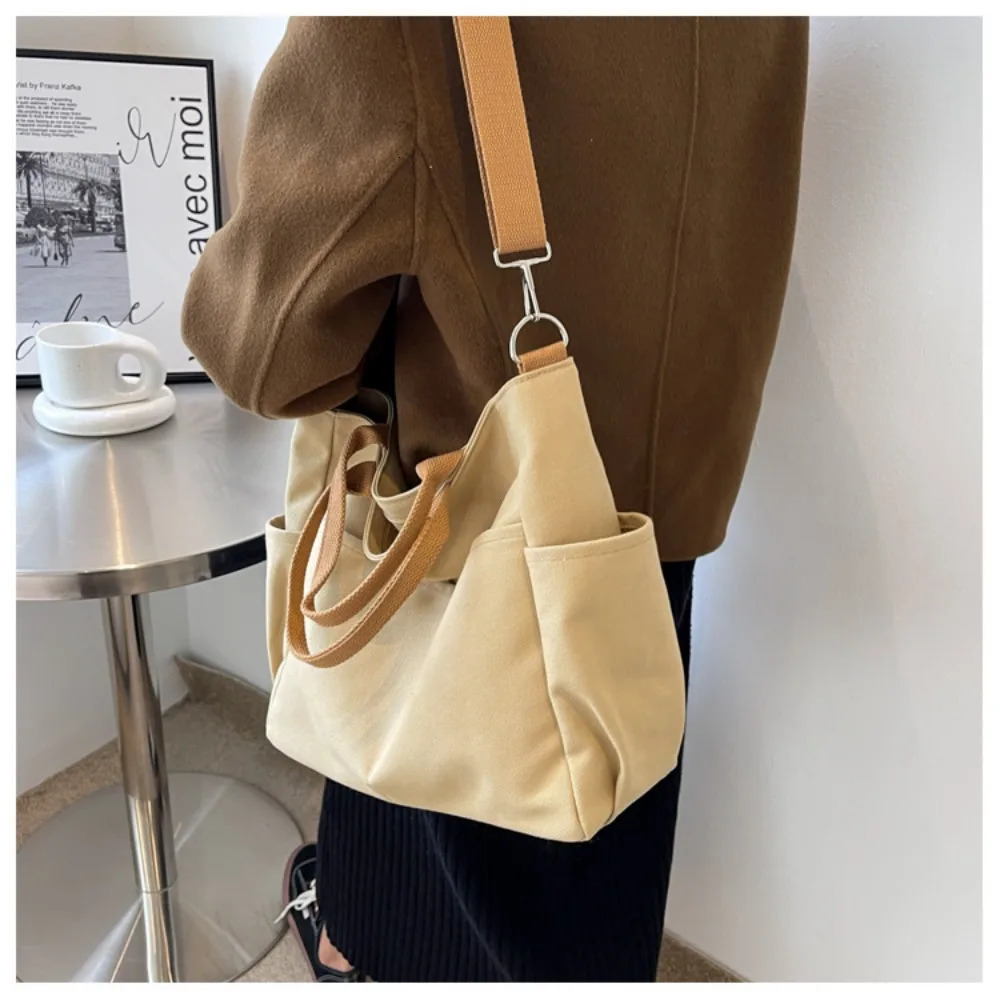 Ins Lazy Wind Canvas Large Bag Korean Version Single Shoulder Horizontal Bag Womens Simple Literature Solid Color Handbag 241008