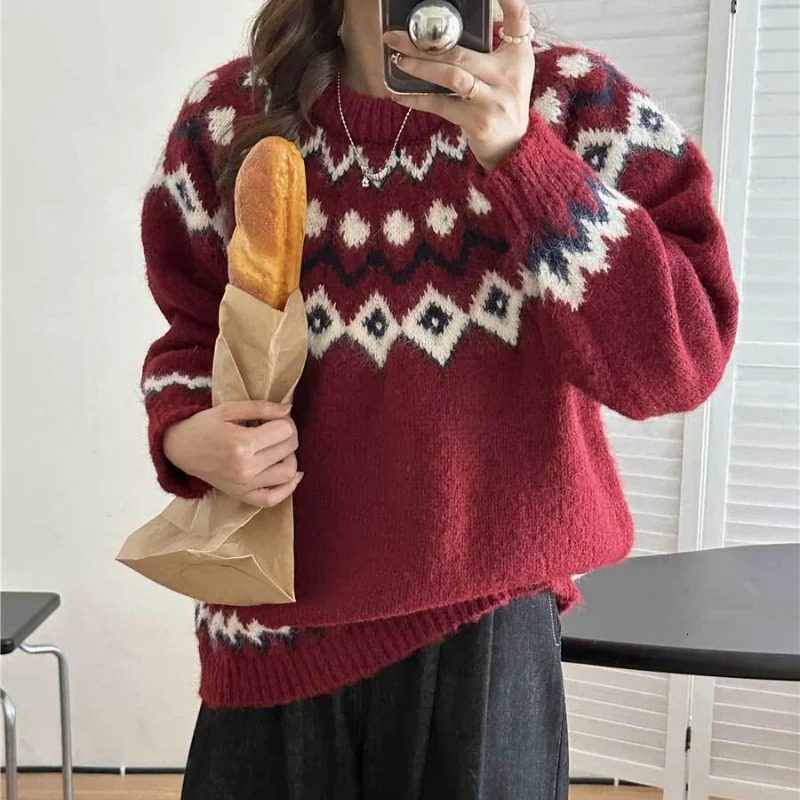 Deeptown Vintage Fair Isle Womens Sweater Korean Fashion Long Sleeve Knitted Zipper Loose Autumn Winter Preparatory Aguilar Parachute 241011