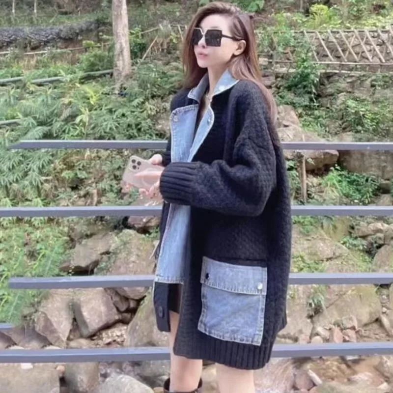 EWQ Fashion Casual Denim Spliced Long Sleeve Knitted Cardigan Loose Thick Women Sweater Coats Winter 2024 Autumn 16O14 241007