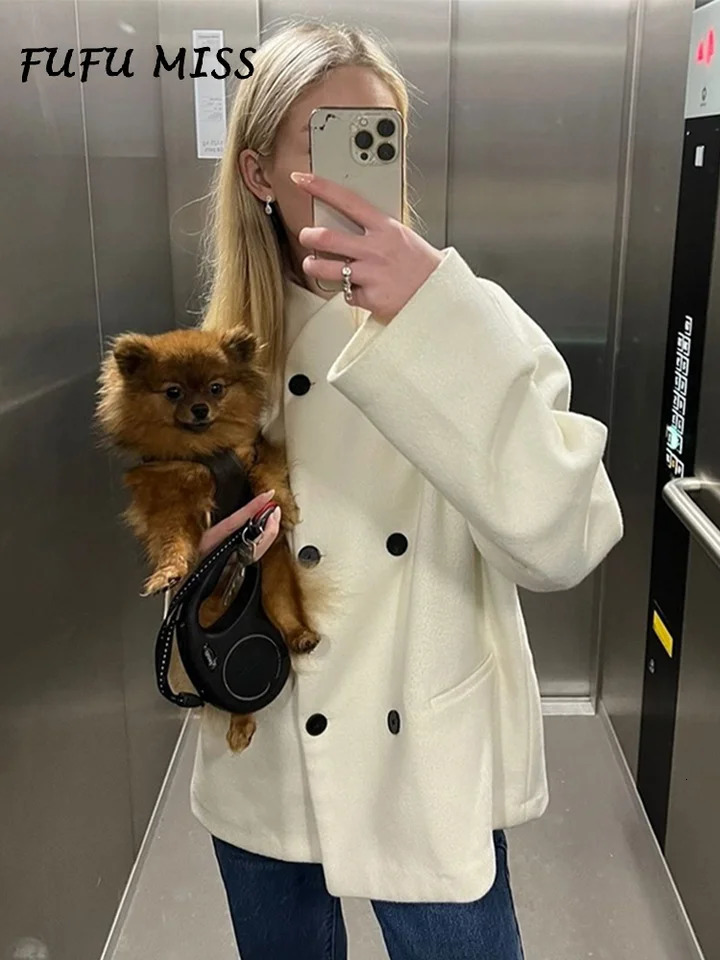 Casual Loose Woolen Womens Coat Solid Stand Collar Long Sleeve Double Breasted Pockets Jacket 2024 Autumn Lady Urban Outerwear 240930