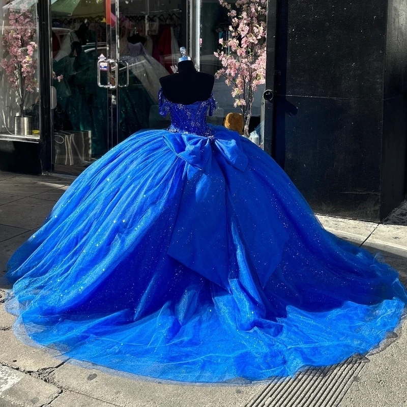 Royal Blue Shiny Quinceanera Dresses Beads Crystal Bow Tull Ball Gowns Vestidos De 15 Anos Off Shoulder Party Birthday Sweet 16 Dress