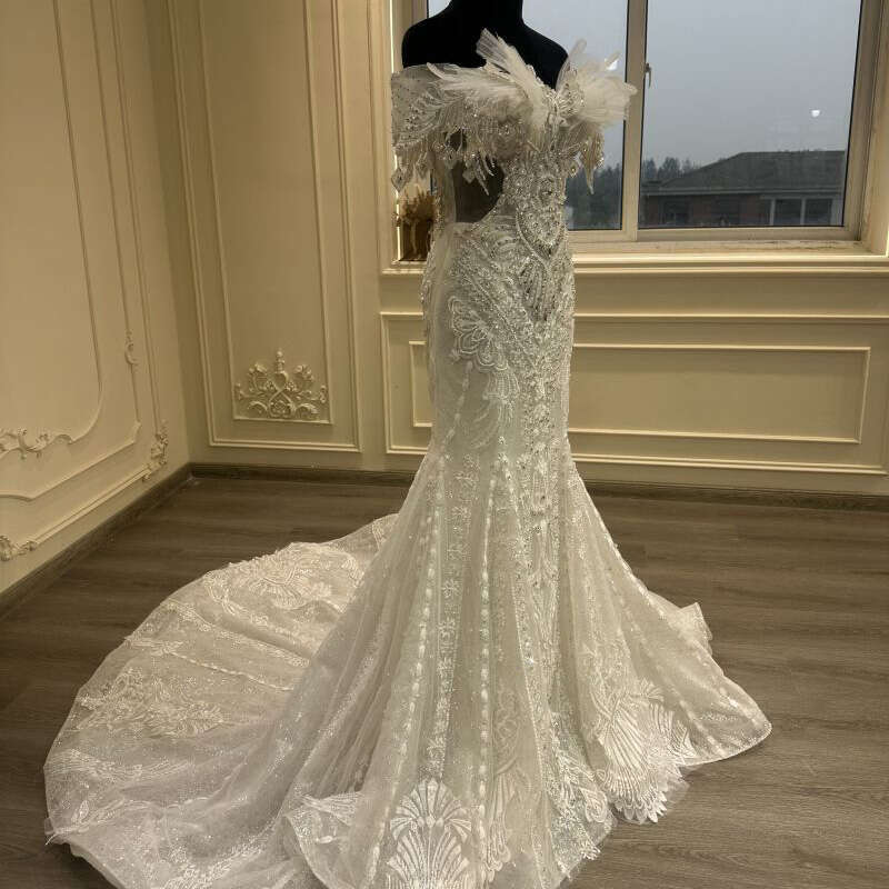 2024 new one-shoulder feather gorgeous heavy handmade beaded fish tail