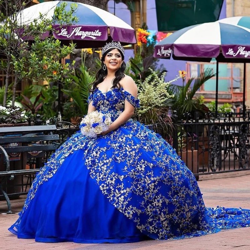 Royal Blue Quinceanera Dresses Ball Gown Puffy Vestidos De 15 Anos Sequined Gold Applique Lace Tull Party Birthday Sweet 16 Dress