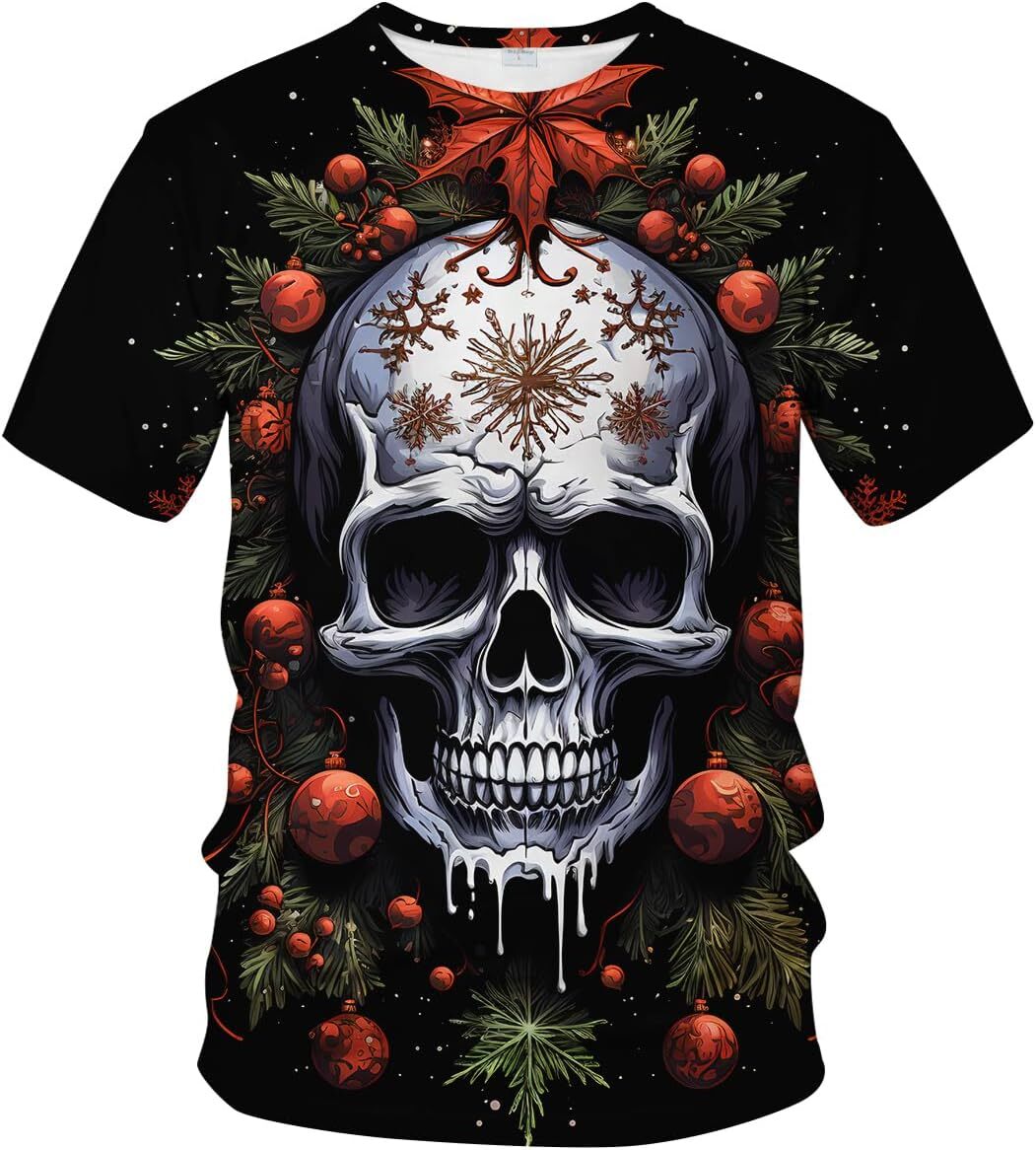 Mens T shirt Vintage Christmas Colorful Pattern Skeleton Cool Graphic T-Shirts Shirt Christmas Tree Skull Tee Top, Small, Red graphic tee Casual tops 