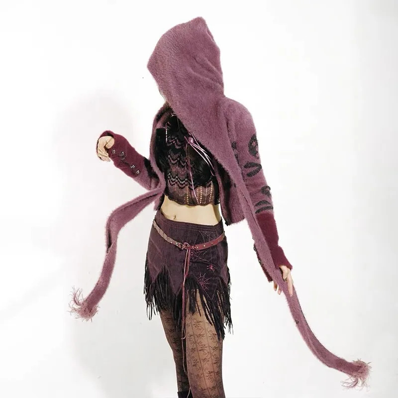 Karrcat Grunge Aesthetics Cropped Cardigan Vintage Y2k Hooded Knitted Sweater Gothic Skull Embroidery Knitwear Punk Style Emo 241007