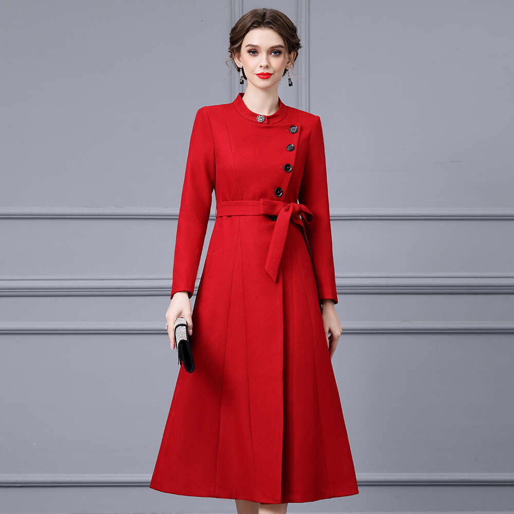 single breasted waist cinching lace up A-line large swing windbreaker dress 2024 autumn new style temperament goddess style