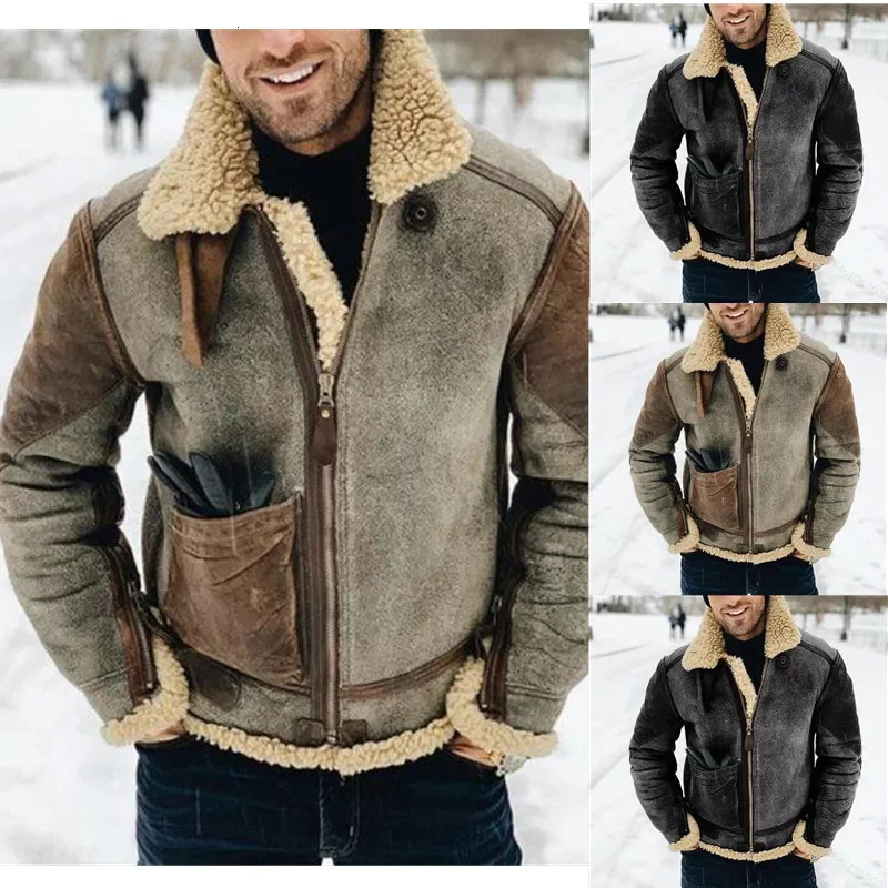 Mens winter faux leather jacket mens casual loose fur collar faux suede leather jacket outdoor thick wool warm jacket 5XL 240930