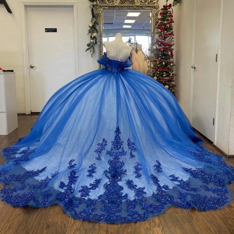 Blue Shiny Ball Gown Quinceanera Dresses Off The Shoulder Appliques Lace Beads Tull Princess Vestidos De 15 Anos Birthday Party Sweet 16 Dress