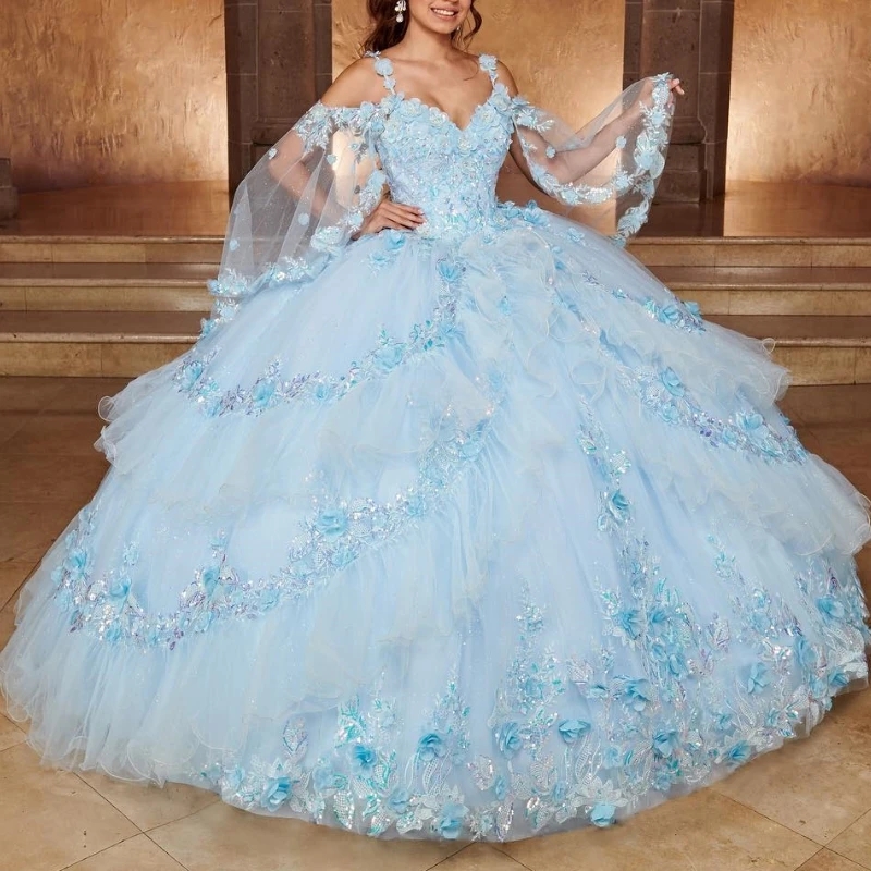 Sky Blue Sweetheart Quinceanera Dresses Ball Gown 3D Floral Flowers Appliques Lace Off Shoulder Corset For Sweet 16 Dress Vestidos 15 Anos