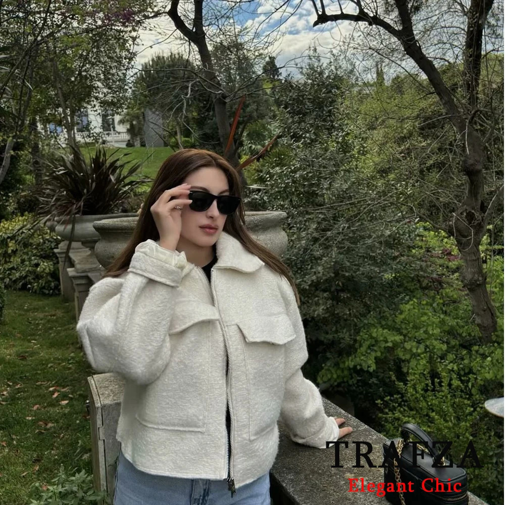 TRAFZA Casual Chic Women Zipper Jacket Fashion Autumn Winter Tweed Short Coat Elegant Female Office Lady 241011