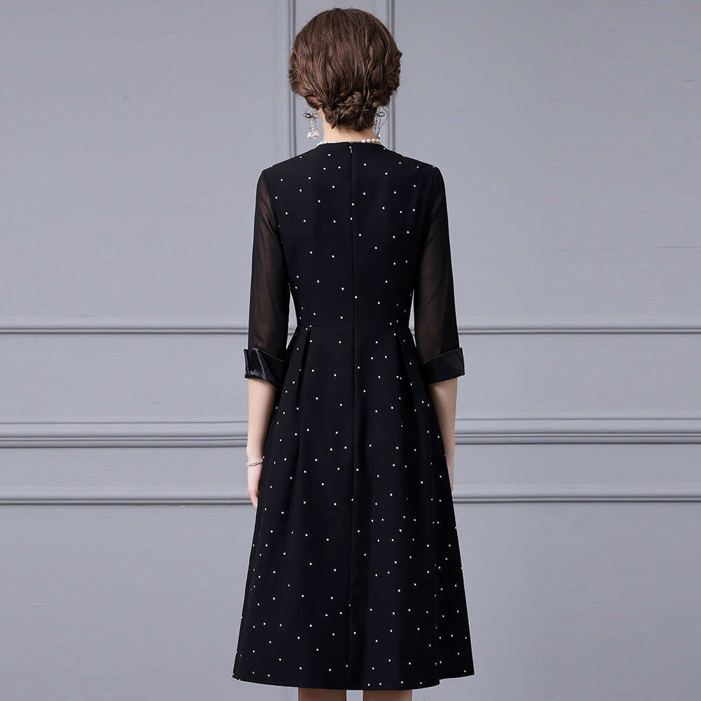 black spliced polka dot dress 2024 autumn new high-end exquisite large bow slimming A-line skirt