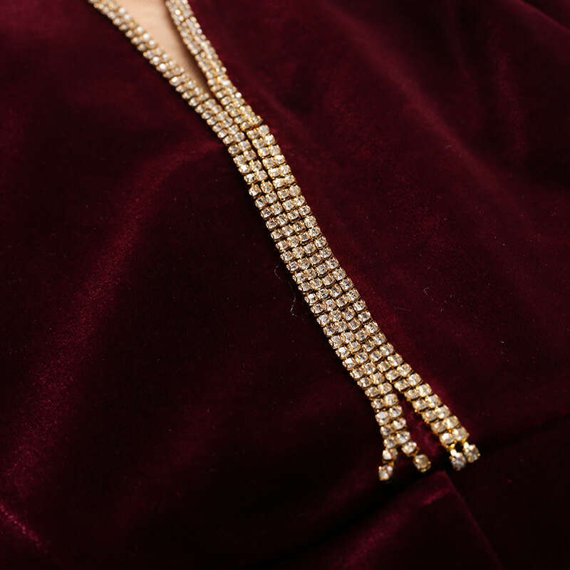 Golden Velvet Dress for Womens Autumn 2024 New Collection: Nail Diamond Lotus Leaf Edge Length Bottom Long Sleeve Hip Wrapping Skirt