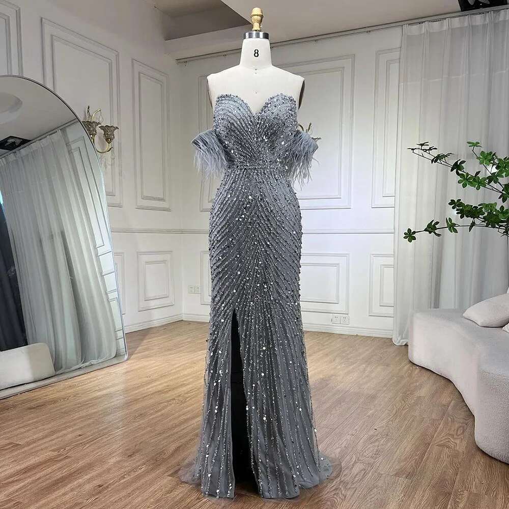 Wasisi Green Mermaid High Split Spaghetti Strap Evening Dresses Feather Beaded Gowns For Women Party ELA72238