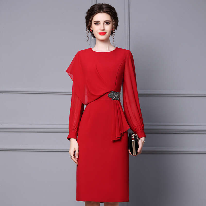 2024 new autumn dress with goddess like temperament a sense of luxury. Red nail bead wrapped hip and waist cinching skirt